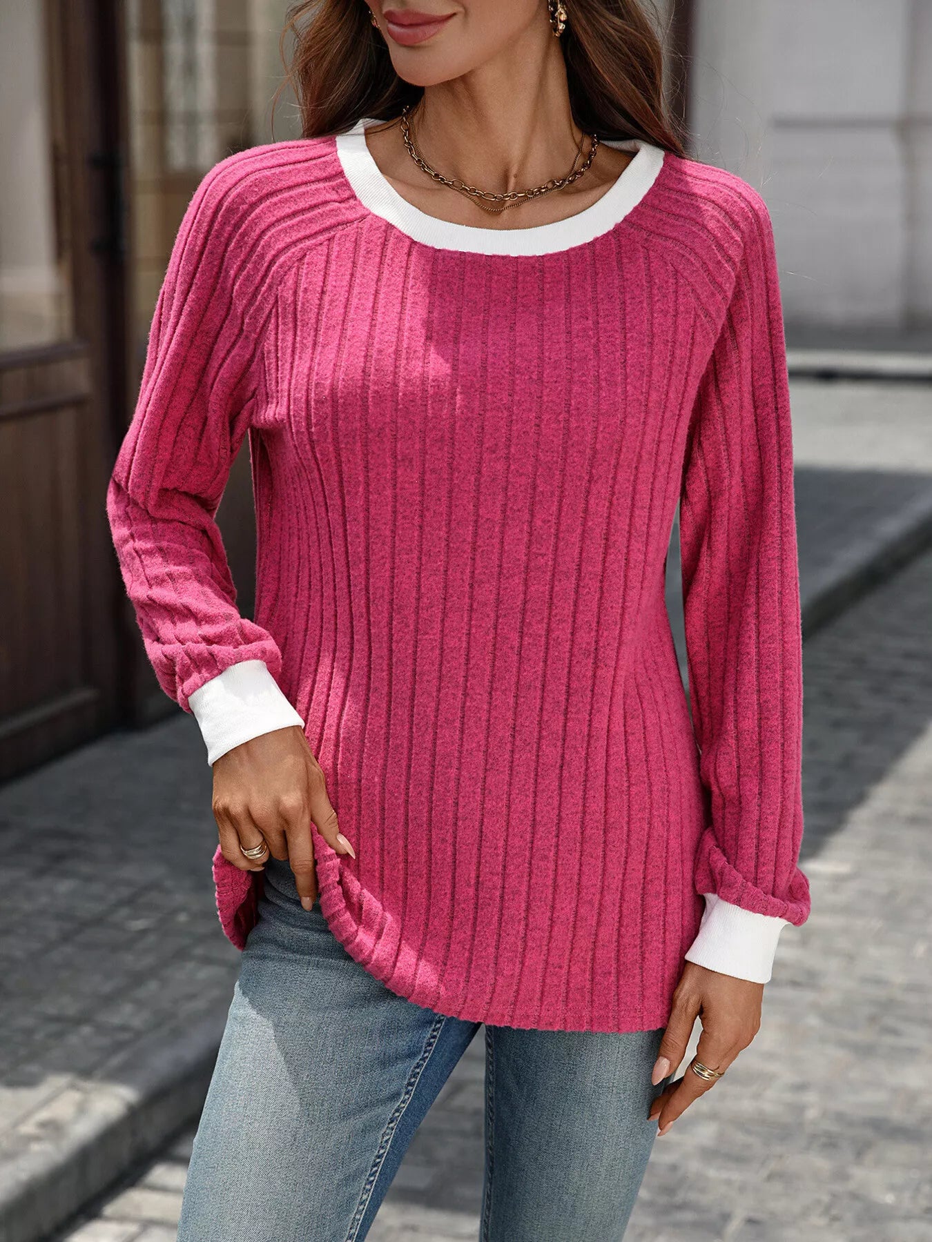 Ribbed Round Neck Raglan Sleeve Knit Top