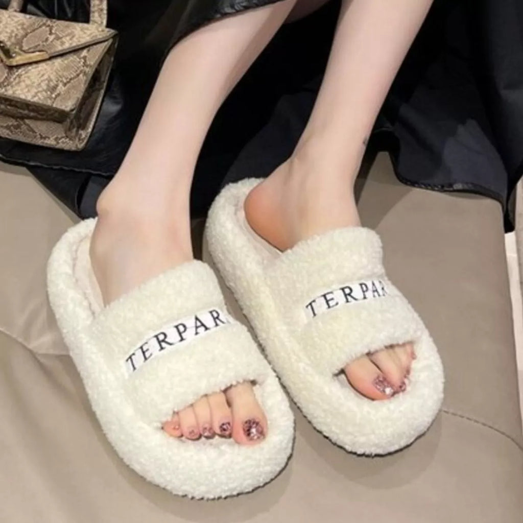Fuzzy Plush Open Toe Slippers
