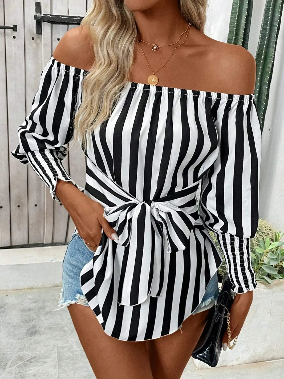 Striped Off-Shoulder Long Sleeve Blouse