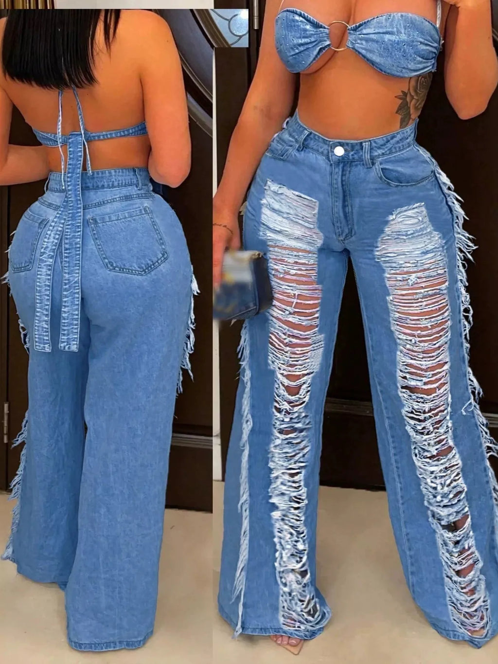 Distressed Wide-Leg Jeans