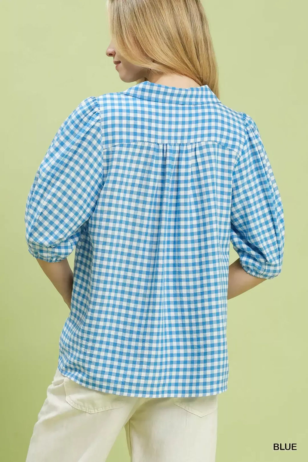 Umgee Gingham Puff Sleeve Collared Blouse