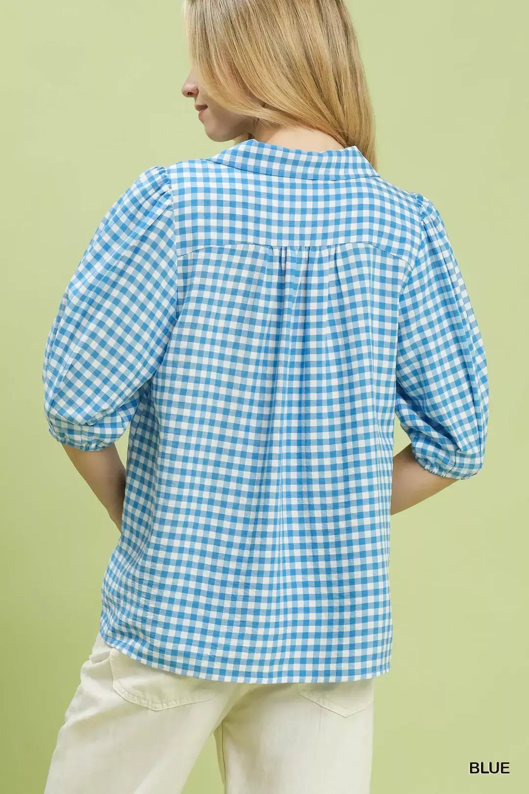 Umgee Gingham Puff Sleeve Collared Blouse