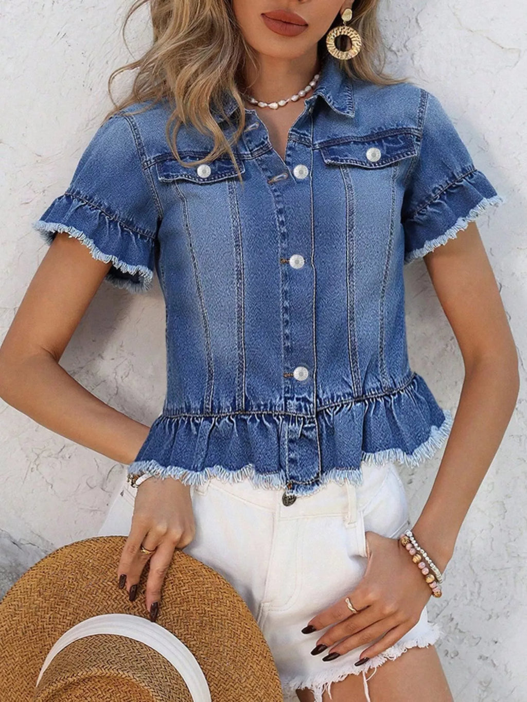 Ruffle Hem Short Sleeve Denim Jacket