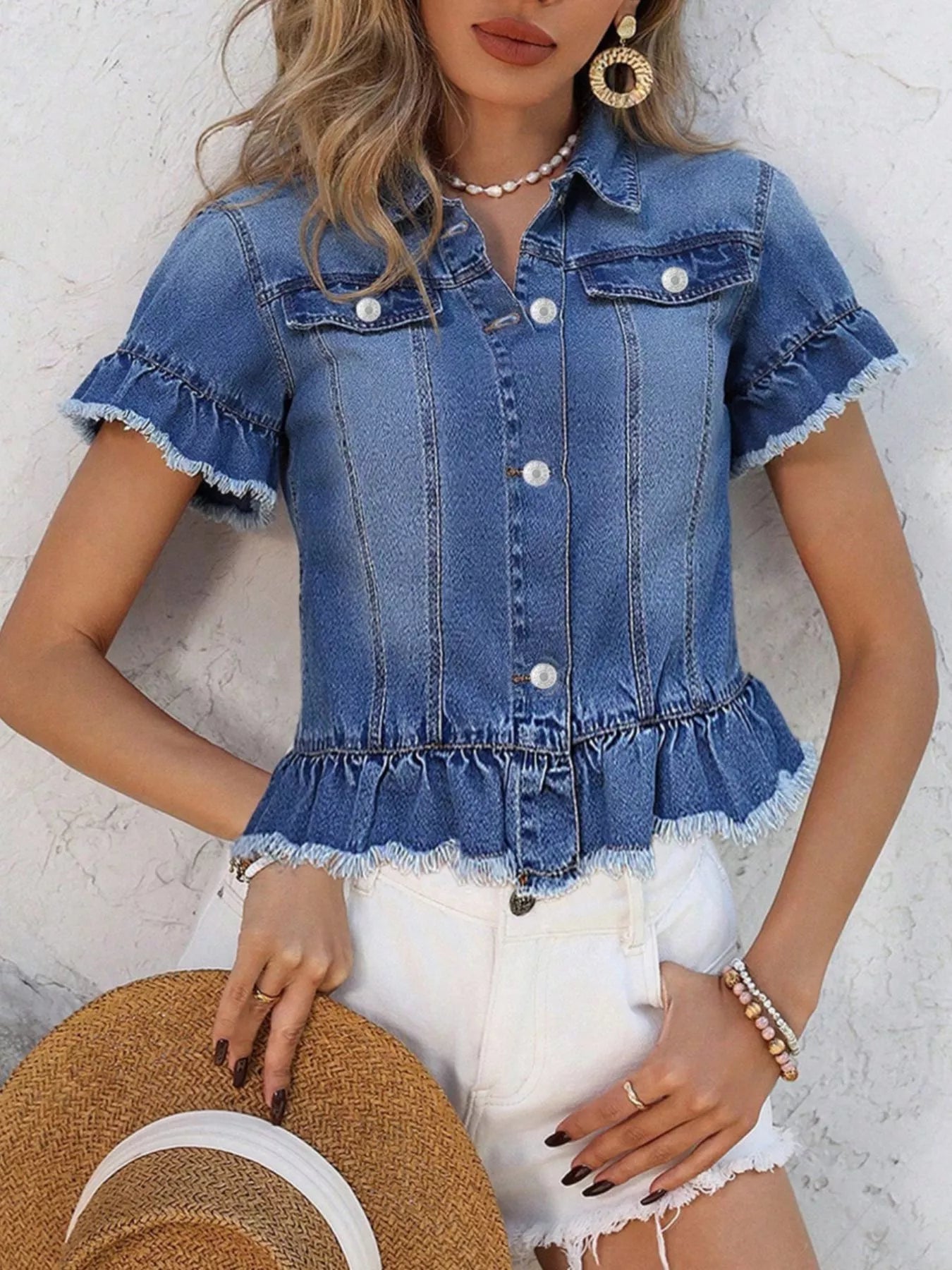 Ruffle Hem Short Sleeve Denim Jacket