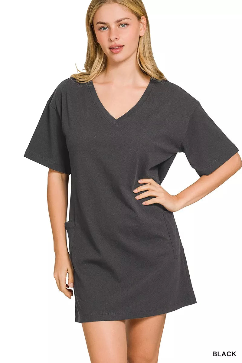 Zenana V or Scoop Neck Reversible 2-Way T-Shirt Dress