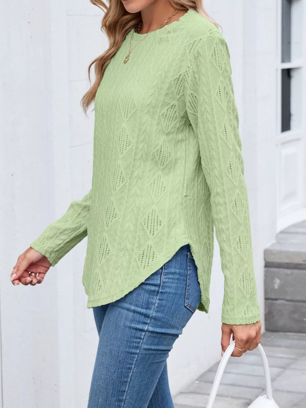 Diamond Pattern Knit Long Sleeve T-Shirt