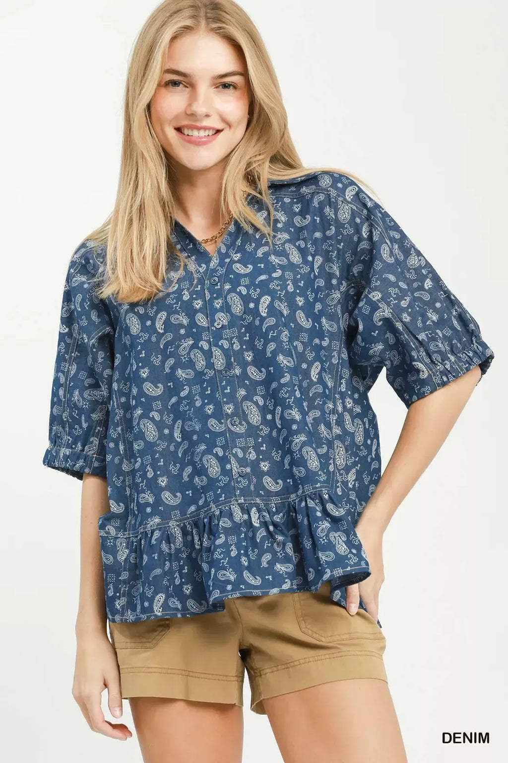 Umgee Paisley Print Chambray Top