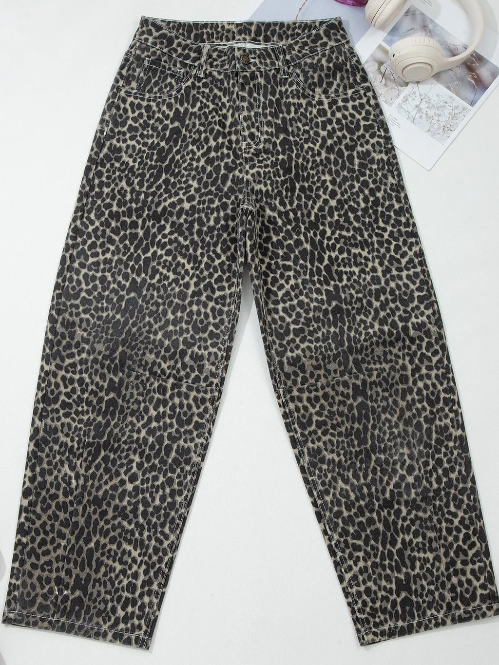Leopard Print High Waist Barrel Jeans