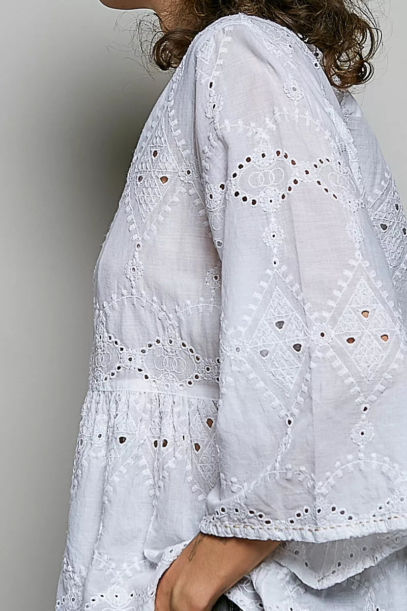 POL Eyelet Embroidery Peplum Button Front Cotton Shirt