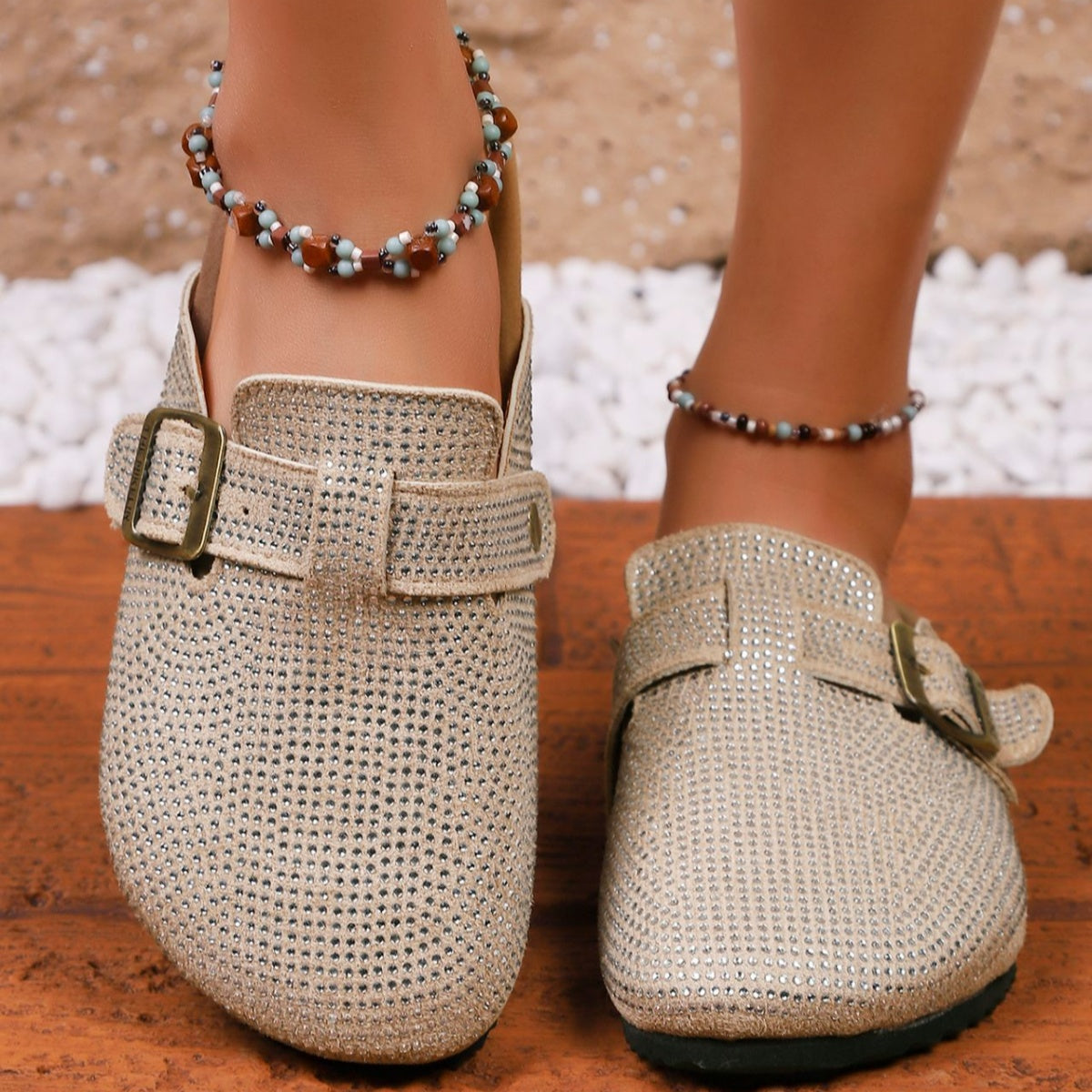 Rhinestone Buckle Accent Slip-Ons