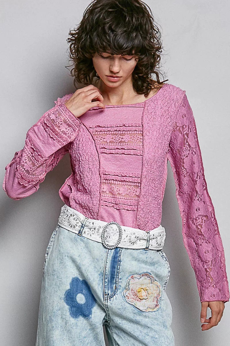 POL Round Neck Long Sleeve Exposed Seam Top with Lace Detail