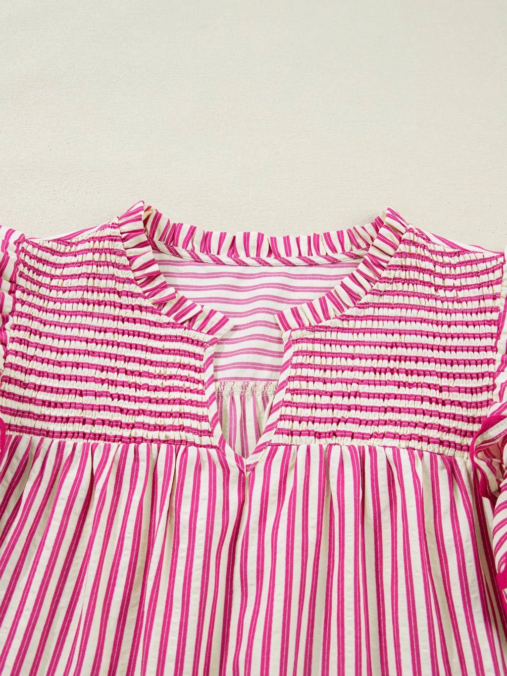 Stripe Shirred Yoke Ruffled Short Sleeve Blouse
