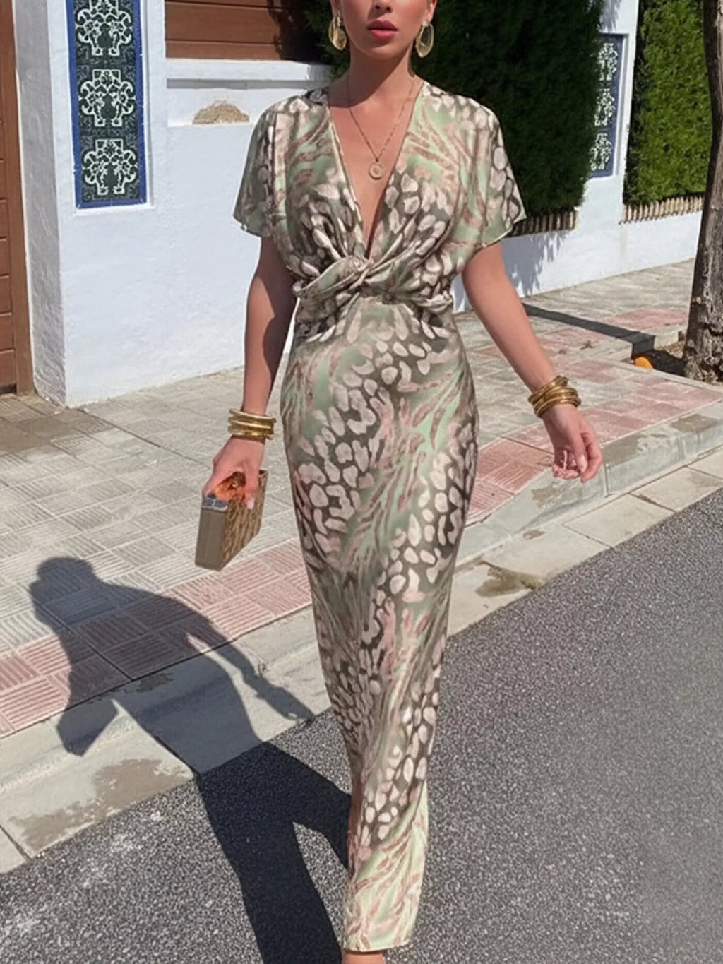 Full Size Twist-Front Animal Print Maxi Dress Plus Size