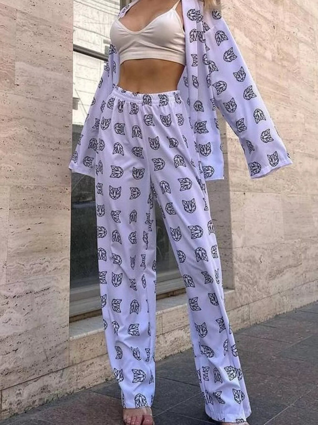 Open Front Cat Print Shirt and Pants Set