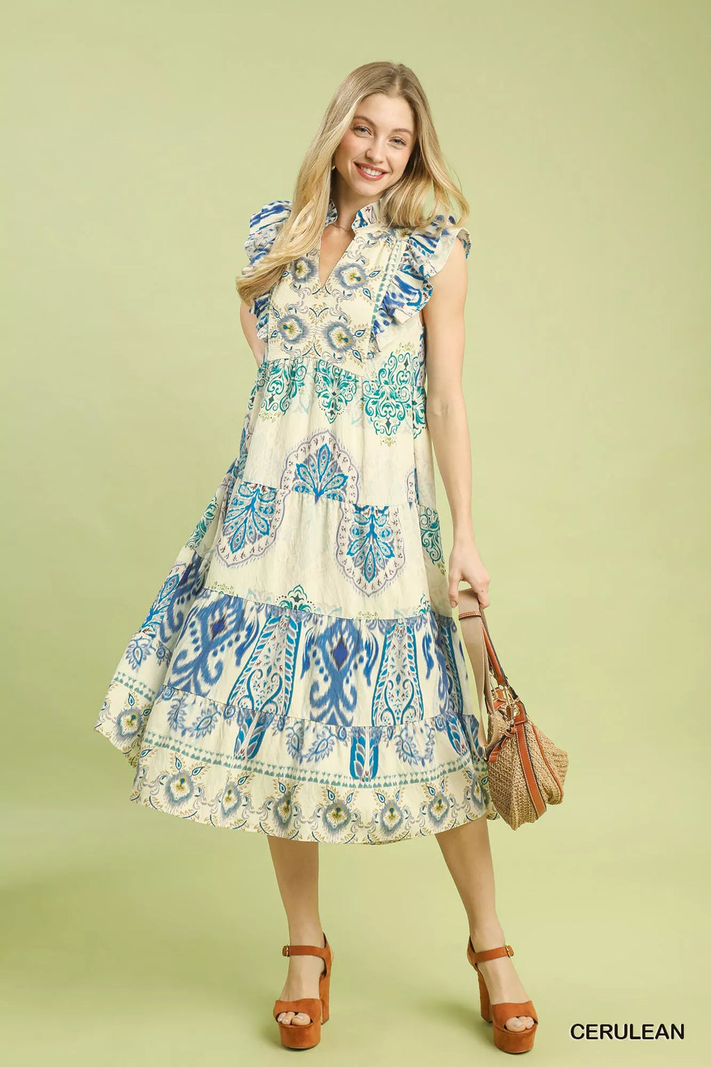 Umgee Boho Boarder Print Ruffle Midi Dress