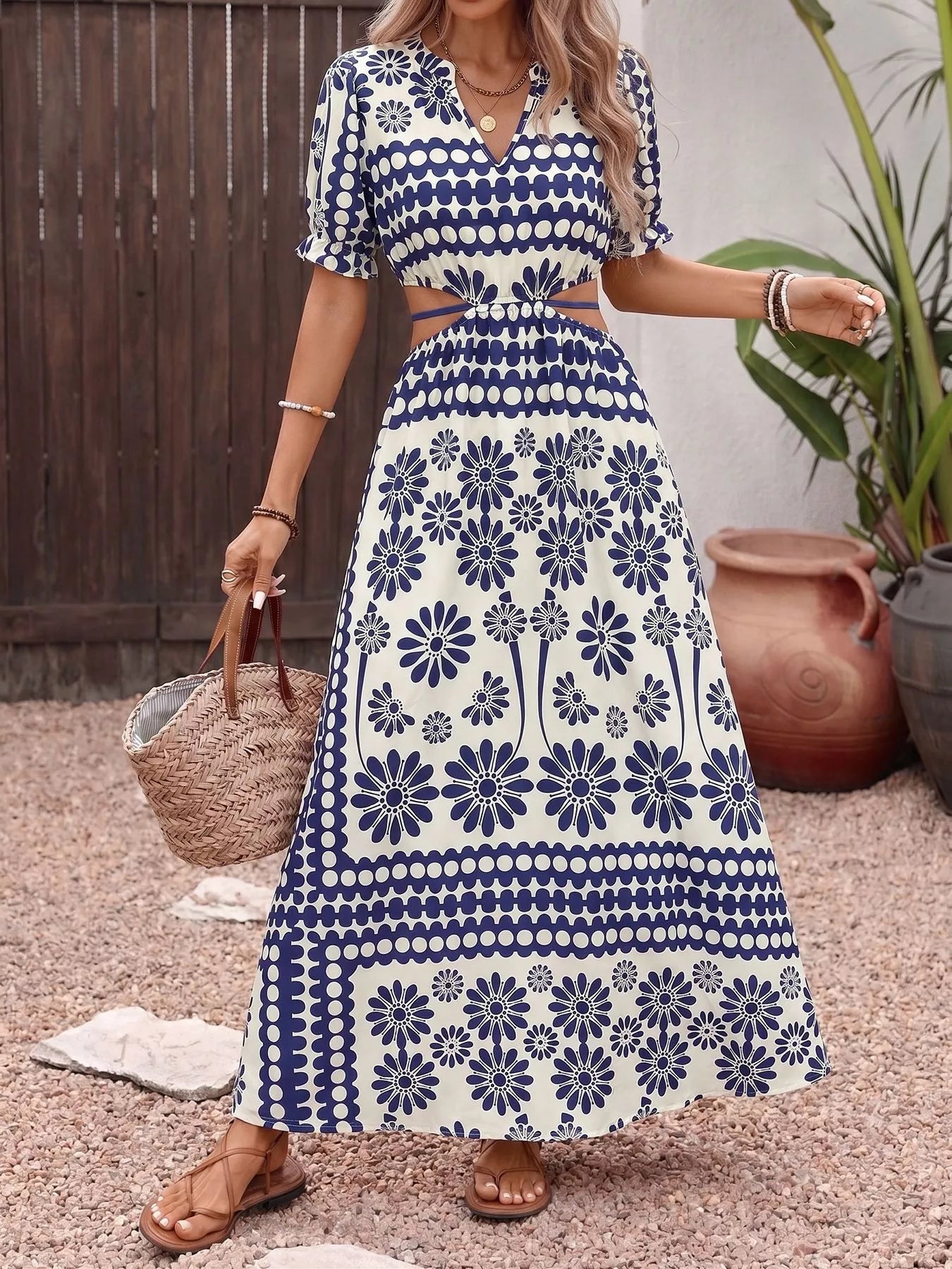 Floral Print Cutout Waist Maxi Dress