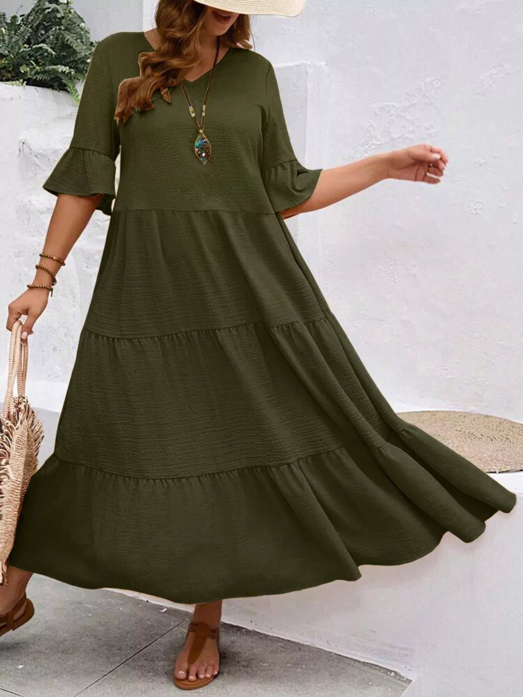 Plus Size Ruffle Sleeves Tiered Midi Dress