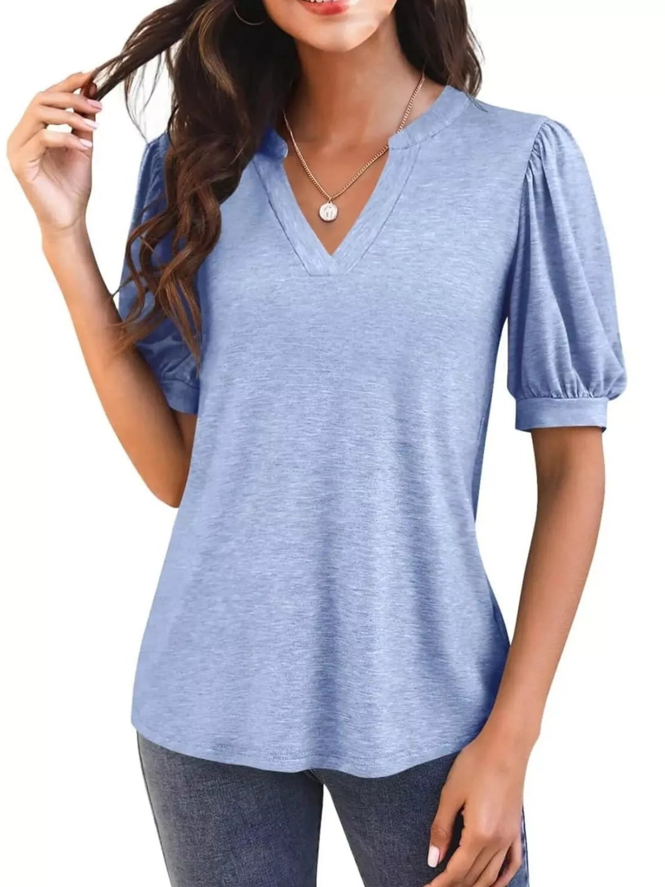 Puff Sleeve Notched Casual T-Shirt