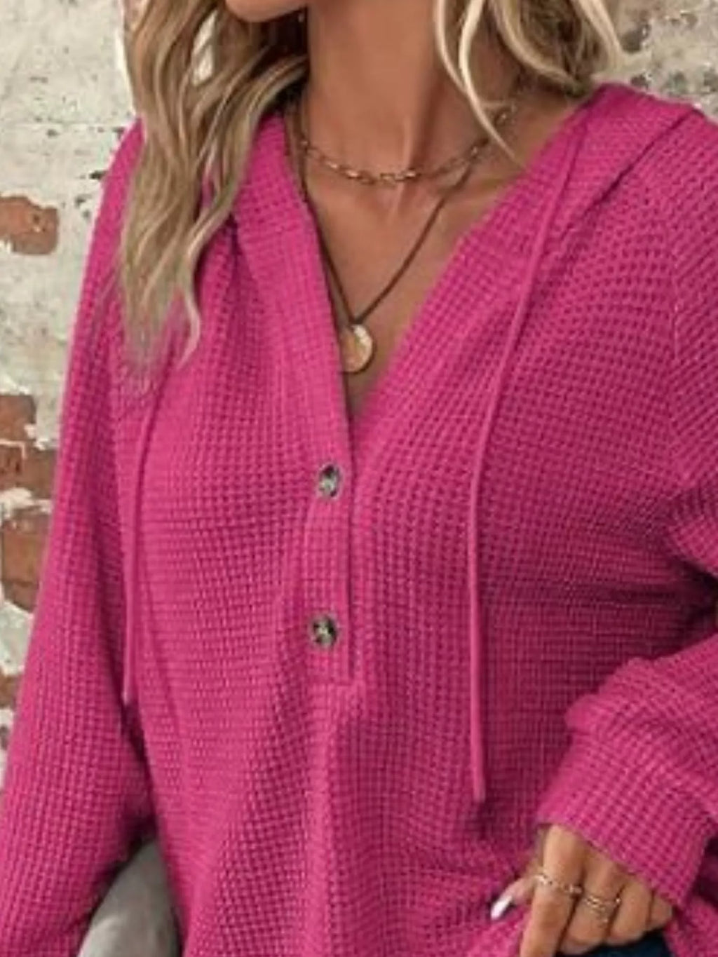 Waffle Knit Button Detail Hoodie