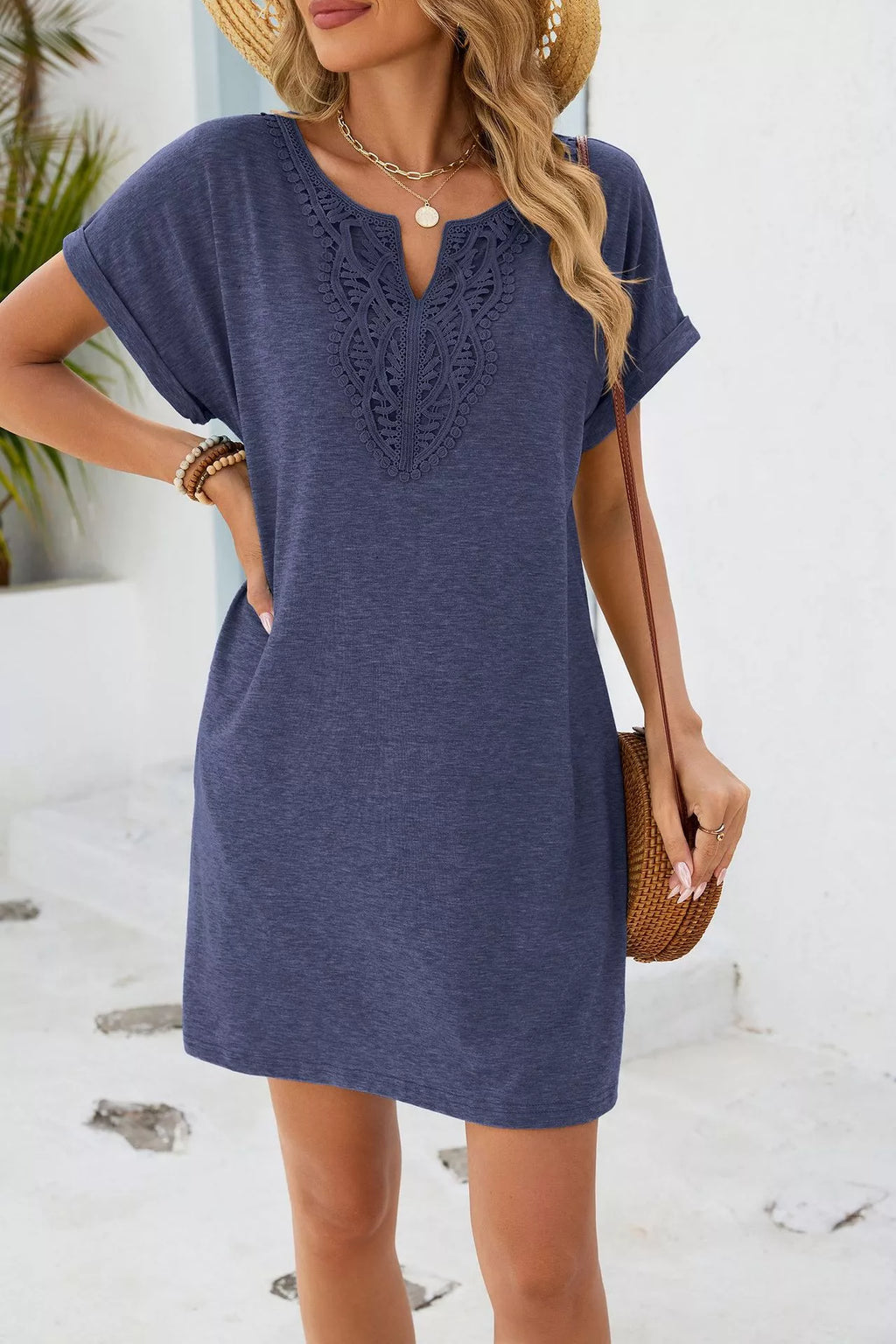 Lace Trim Notched Short Sleeve Dress