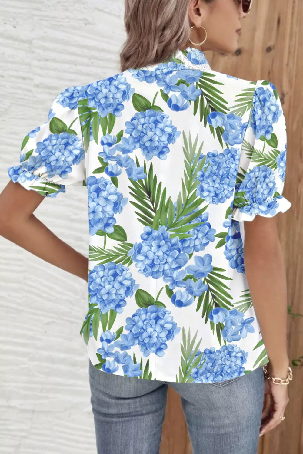 Palm Floral Print Striped Patchwork V Neck Short Sleeve Blouse