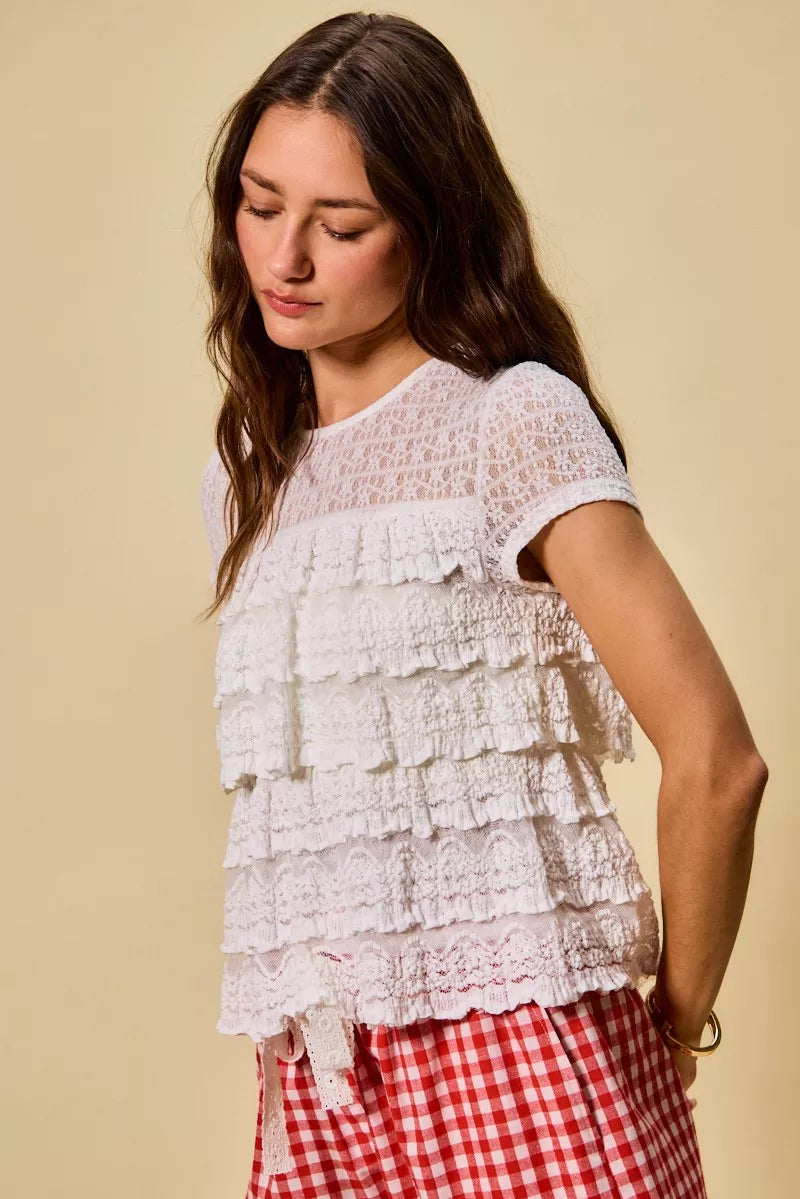 SO ME Ruffle Tiered Stretch Lace Short Sleeves Knit Top