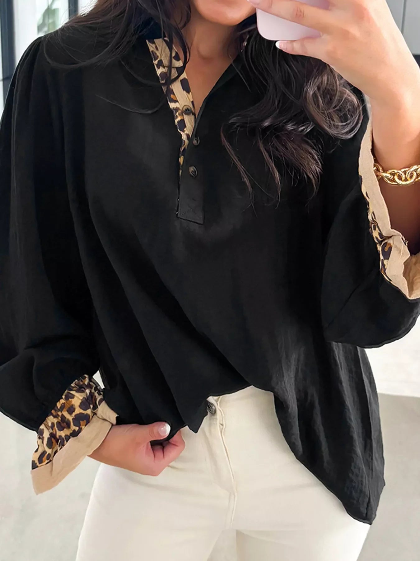 Contrast Leopard Print Patchwork Polo Collar Buttons Front Long Sleeve Blouse