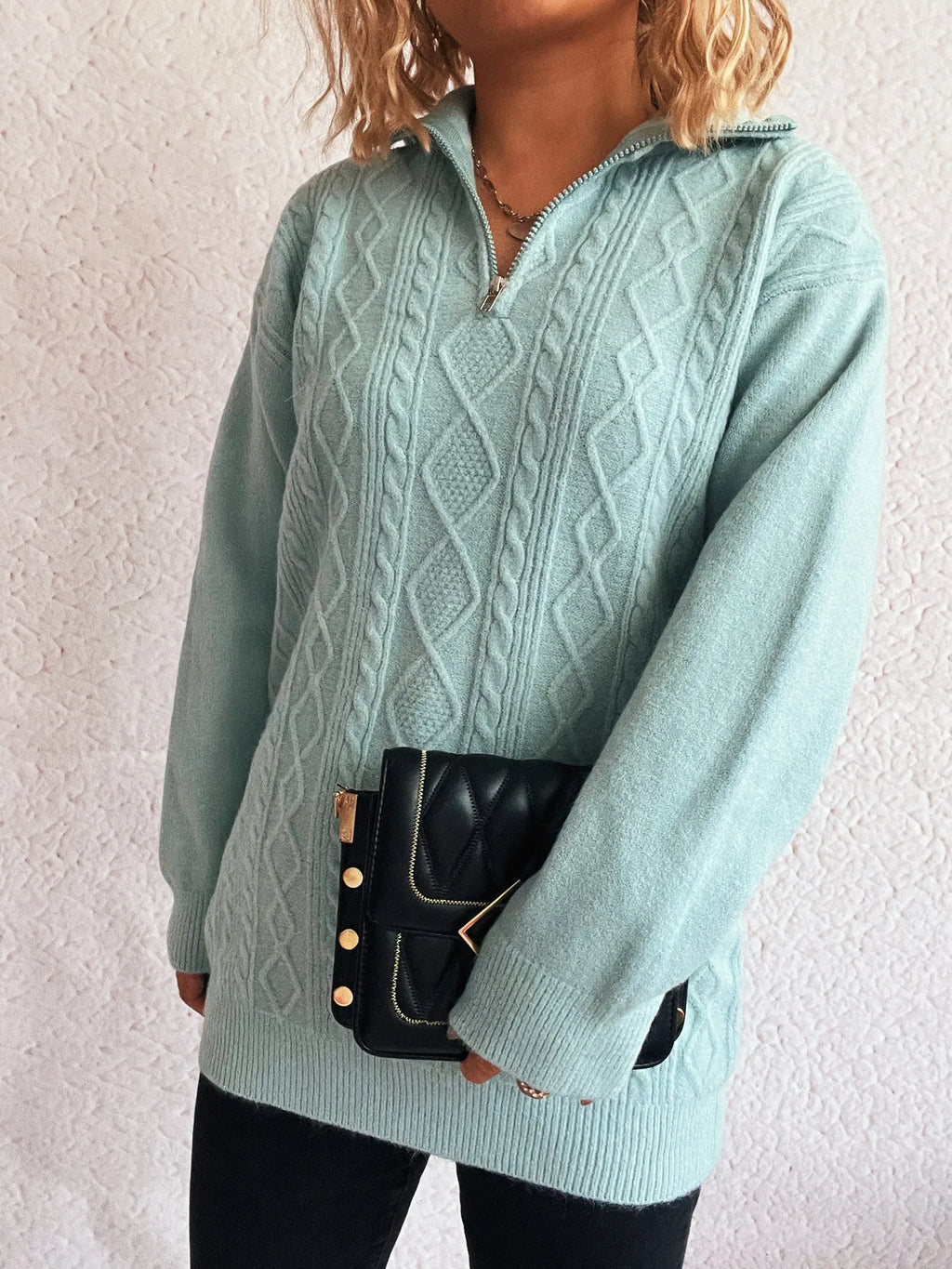 Texture Zip Collar Long Sleeve Sweater
