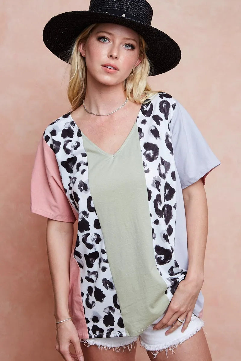 BiBi Cotton Span Knit With Leopard Color Block Top