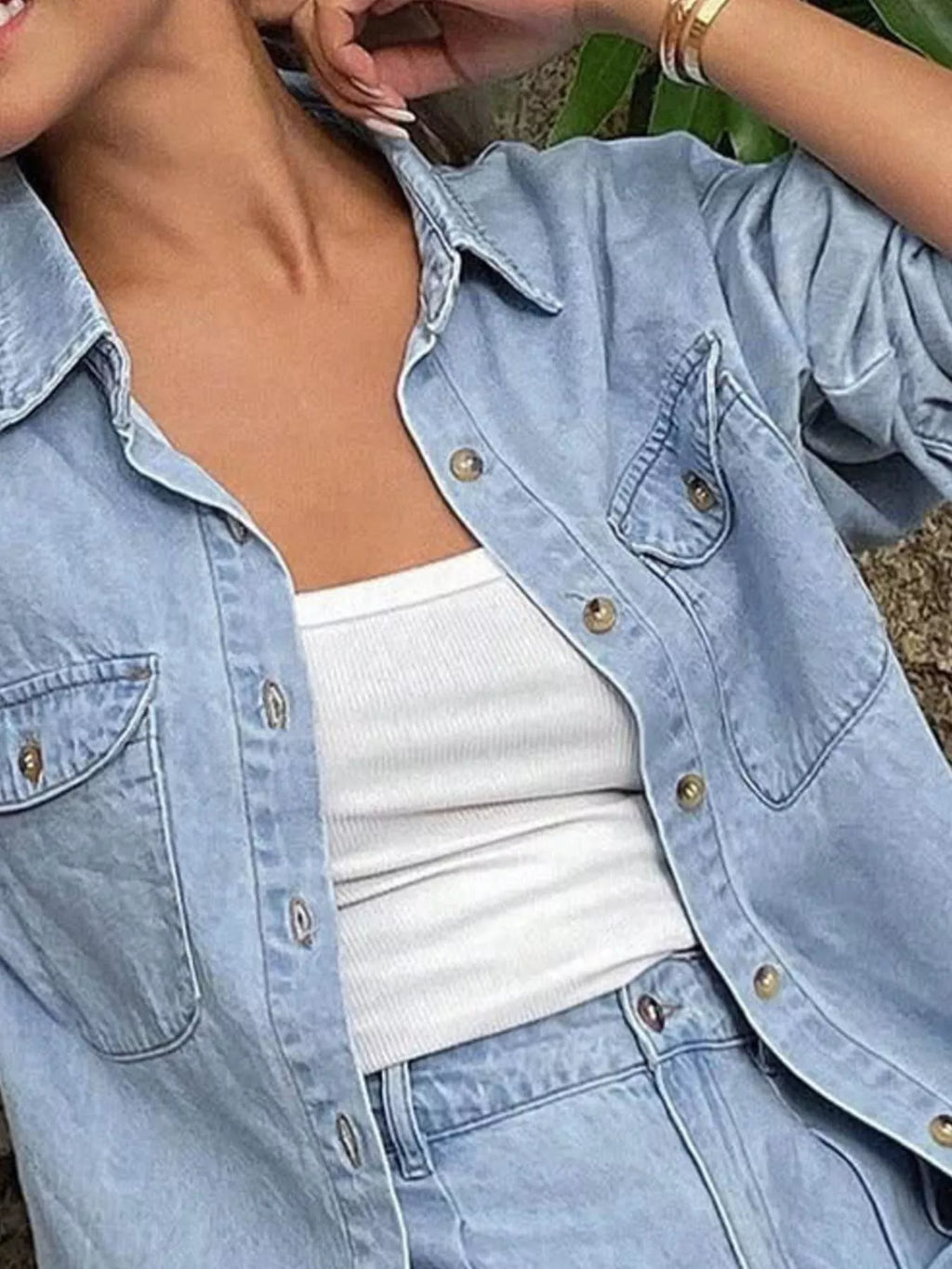 Button Up Long Sleeve Shirt and Shorts Denim Set
