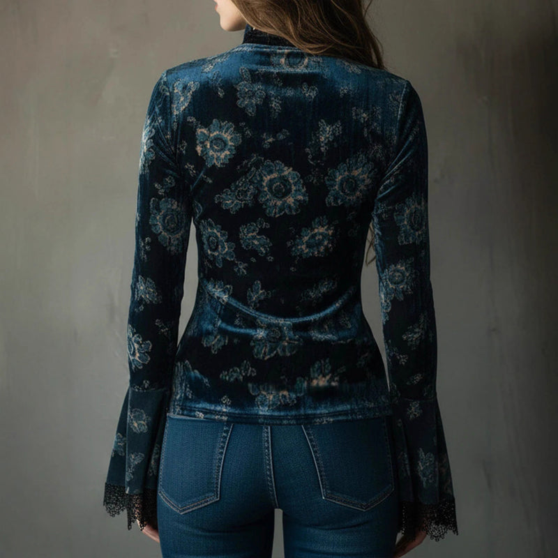 Women’s Retro Lace Panel V-Neck Blouse – Elegant Print Bell Sleeve Top for Spring & Autumn Wear