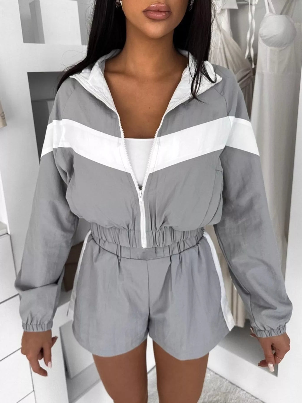 Zip Up Long Sleeve Outerwear and Shorts Set
