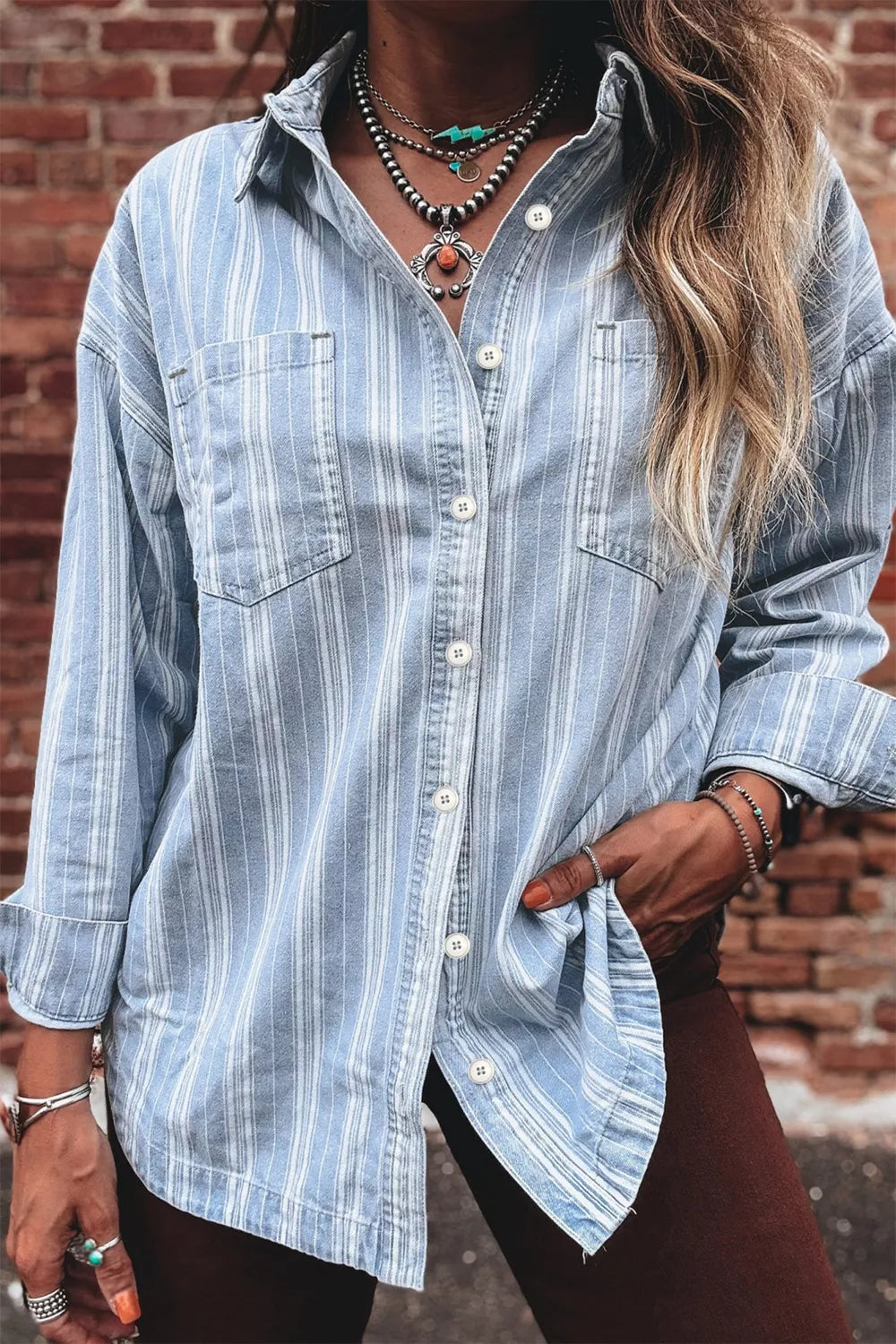 Stripe Boyfriend Chest Pocket Classic Denim Shacket