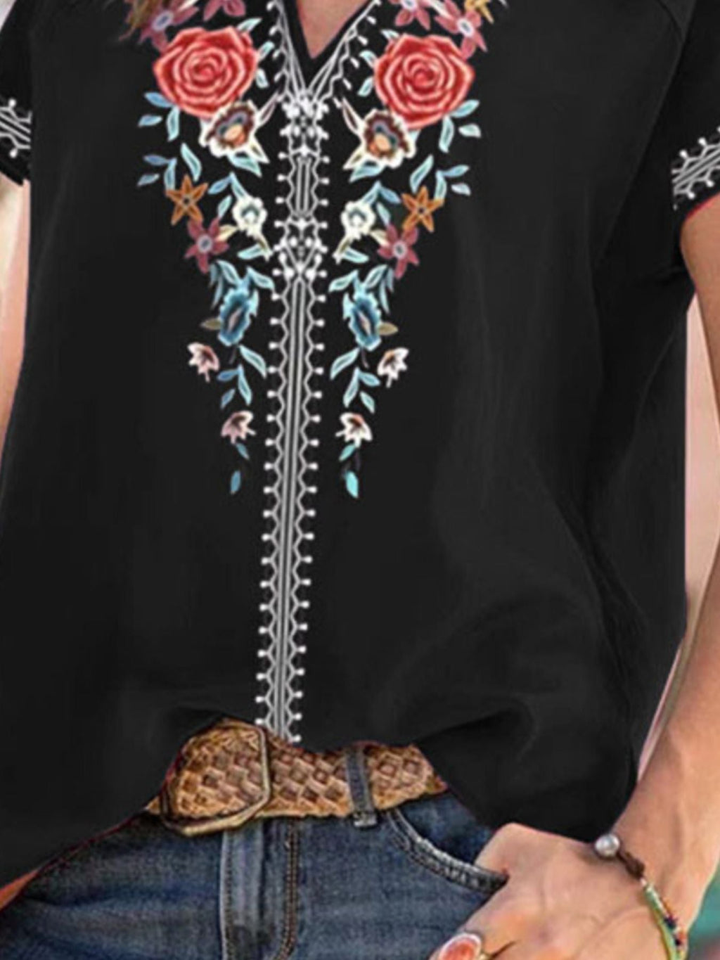 Full Size Floral Notched Short Sleeve Blouse Plus Size