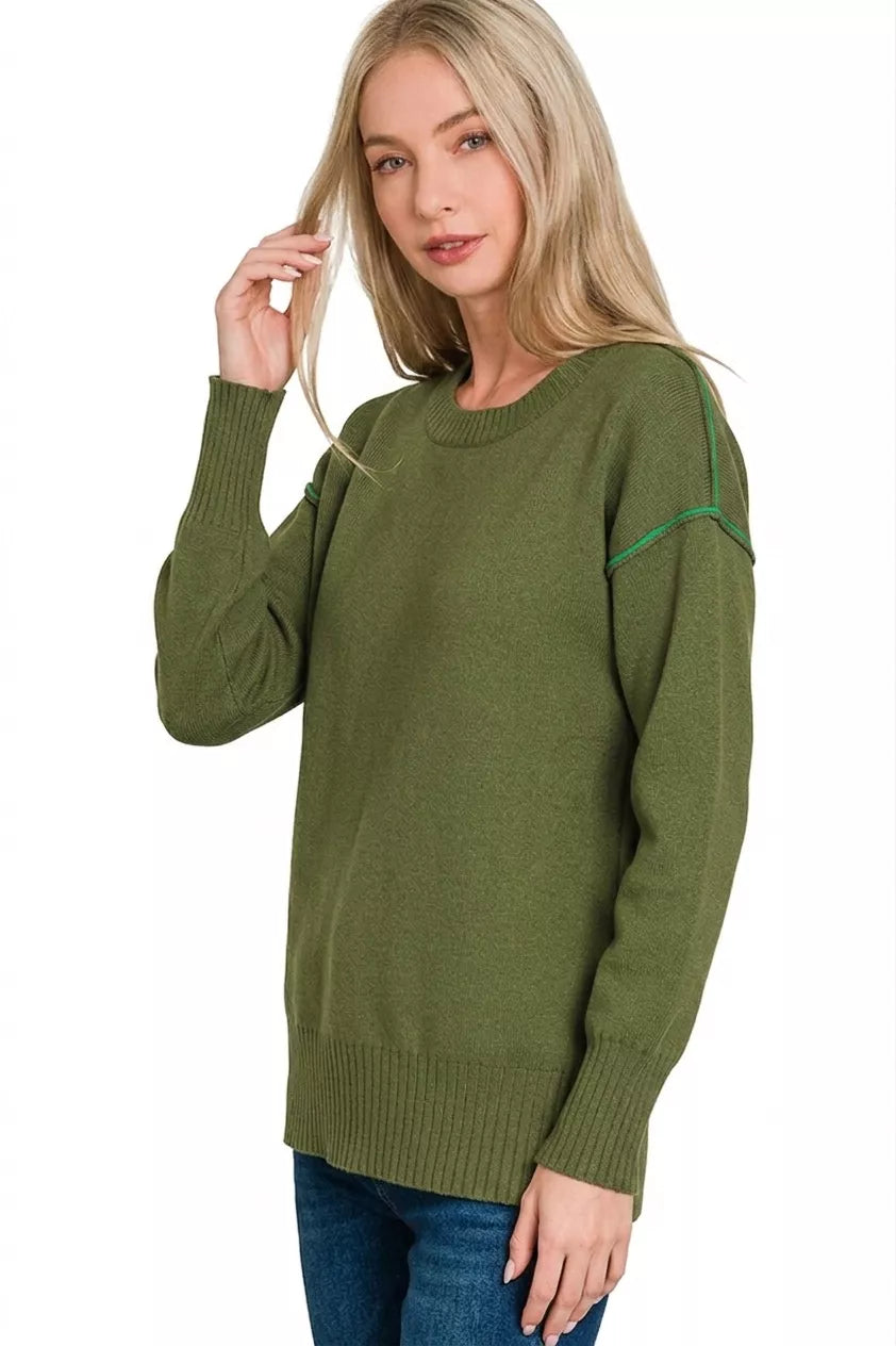 Zenana Round Neck Contrast Trim Sweater