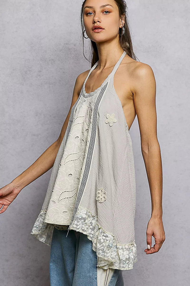 POL Lace Ruffle Halter Neck Double Gauze Top with Crochet Patch