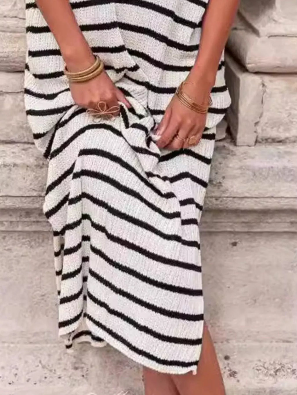 Striped Knit Slit Short Sleeve Midi Dress