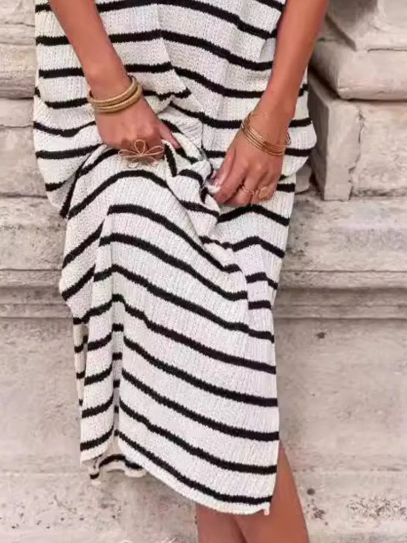 Striped Knit Slit Short Sleeve Midi Dress