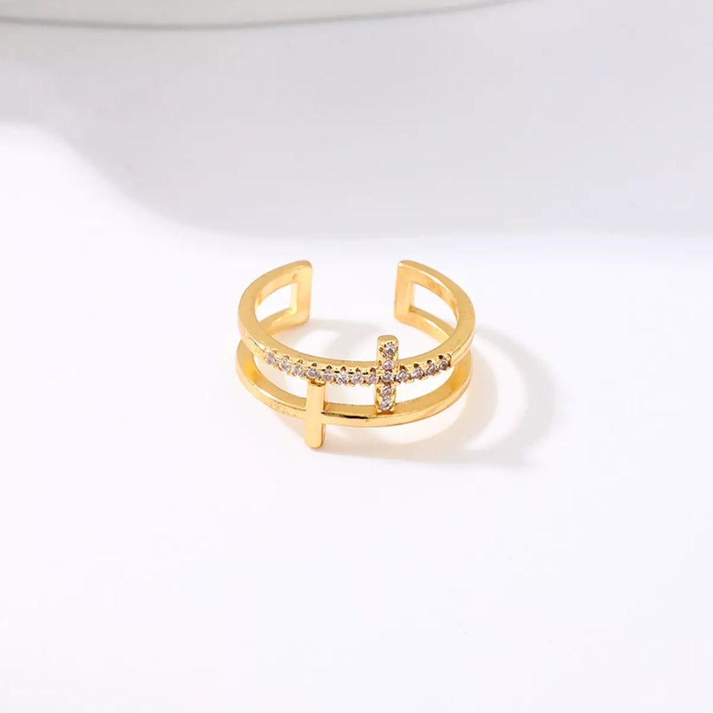 18K Gold-Plated Rhinestone Cross Open Ring