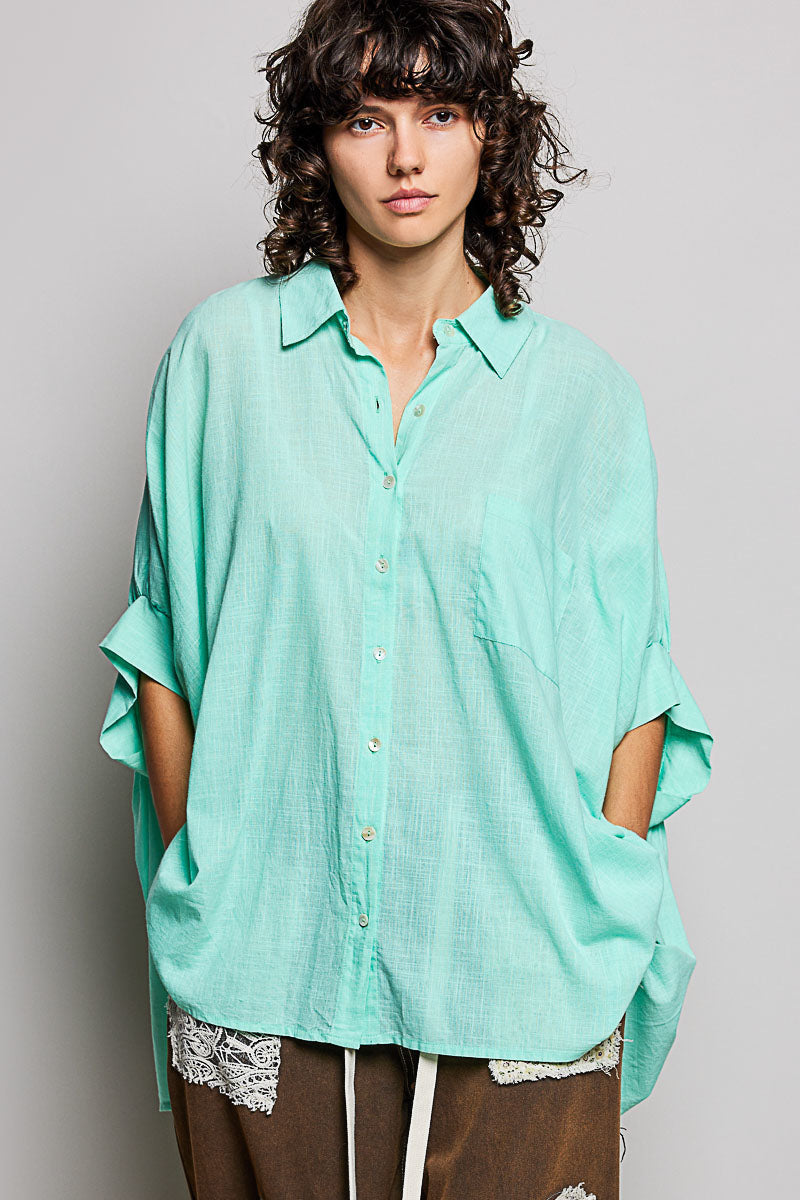 POL Button Down Half Dolman Sleeve Shirt