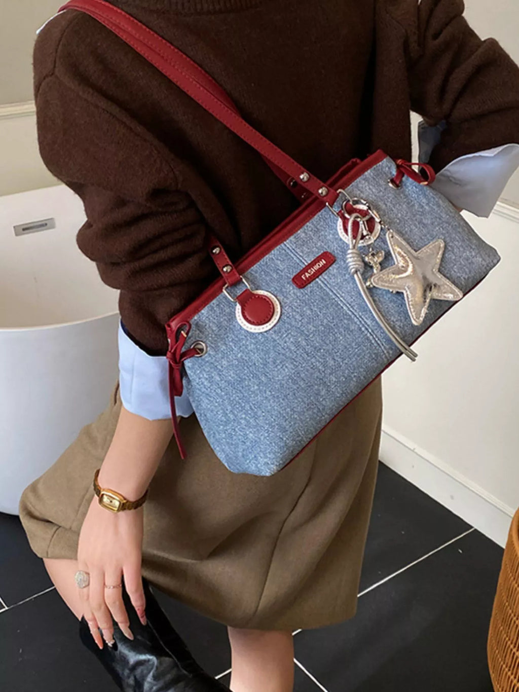 Denim Shoulder Bag with Star Charm