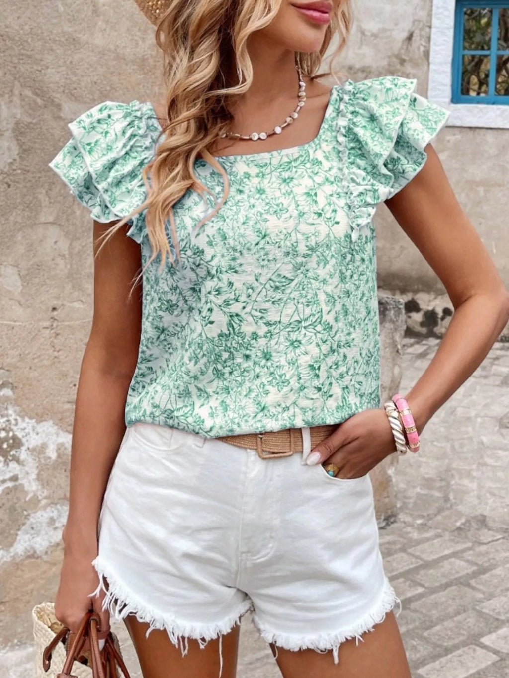 Floral Print Ruffle Trim Blouse