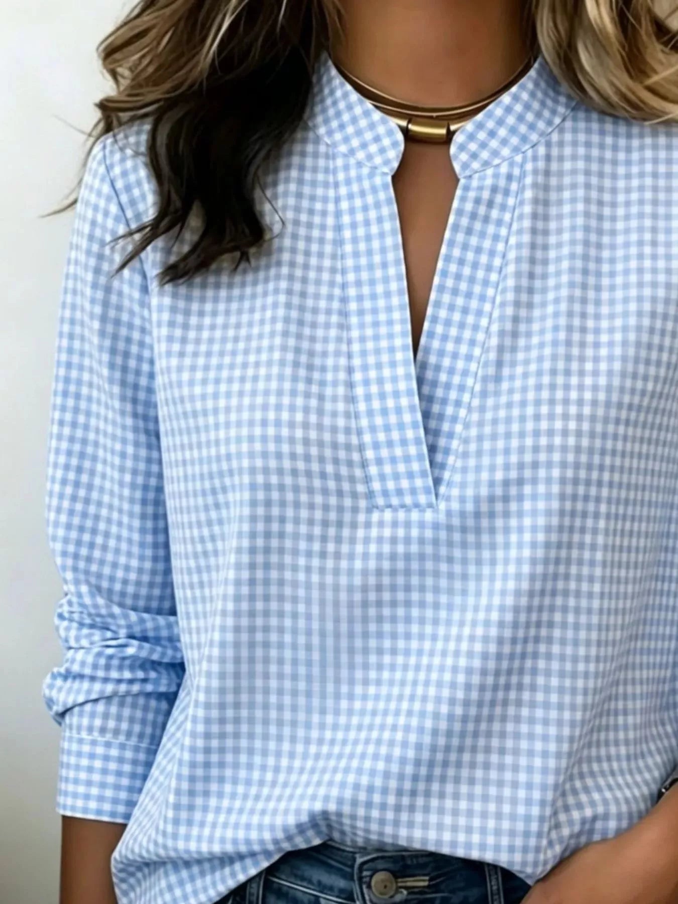 Full Size Plaid Notched Long Sleeve Blouse Plus Size