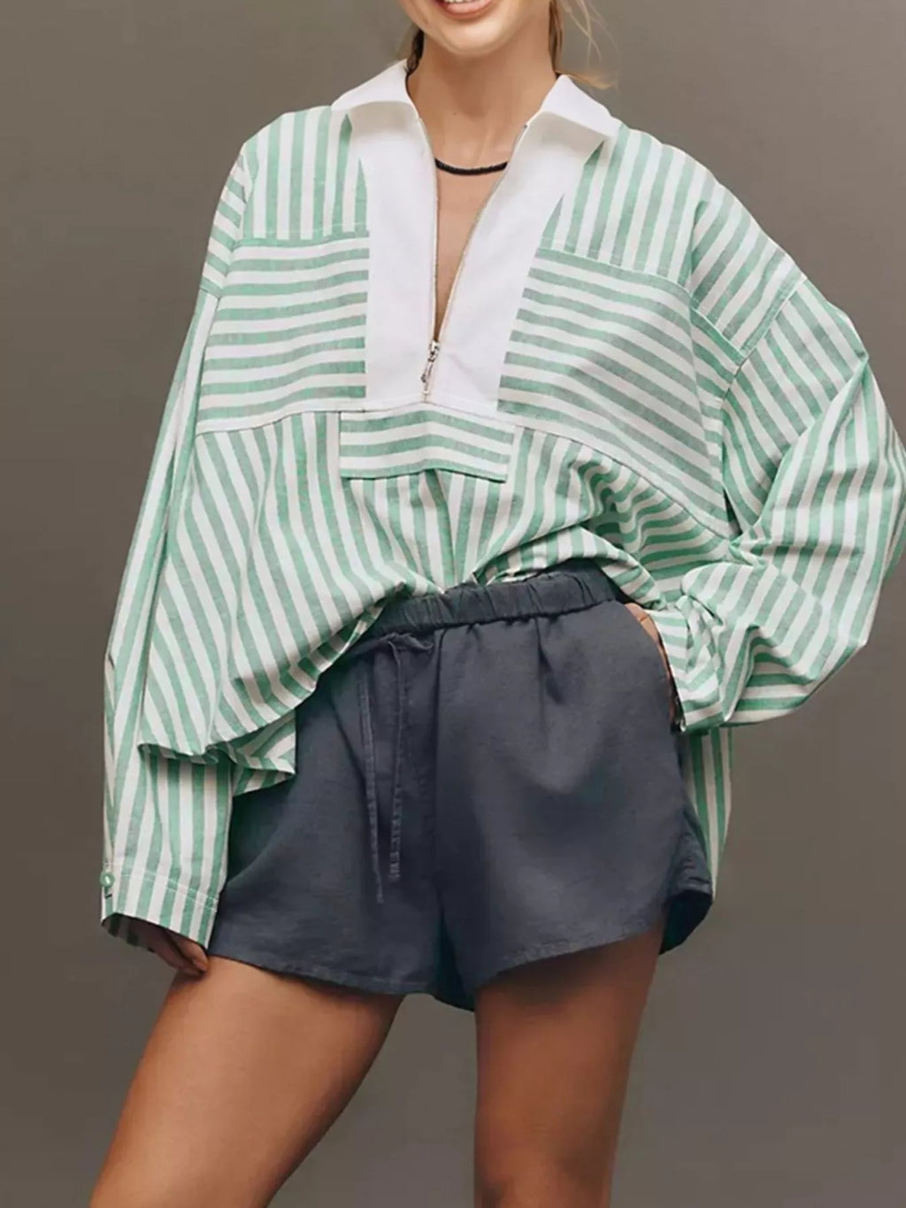 Stripe Half Zip Long Sleeve Swing Top