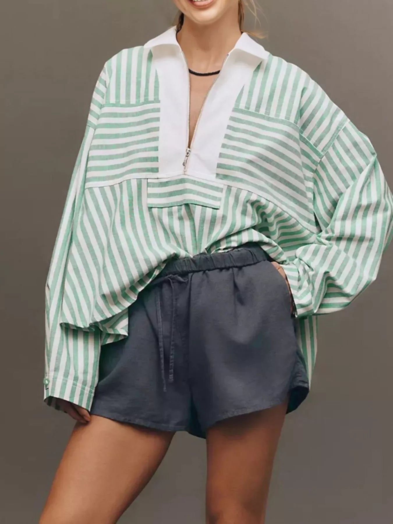 Stripe Half Zip Long Sleeve Swing Top