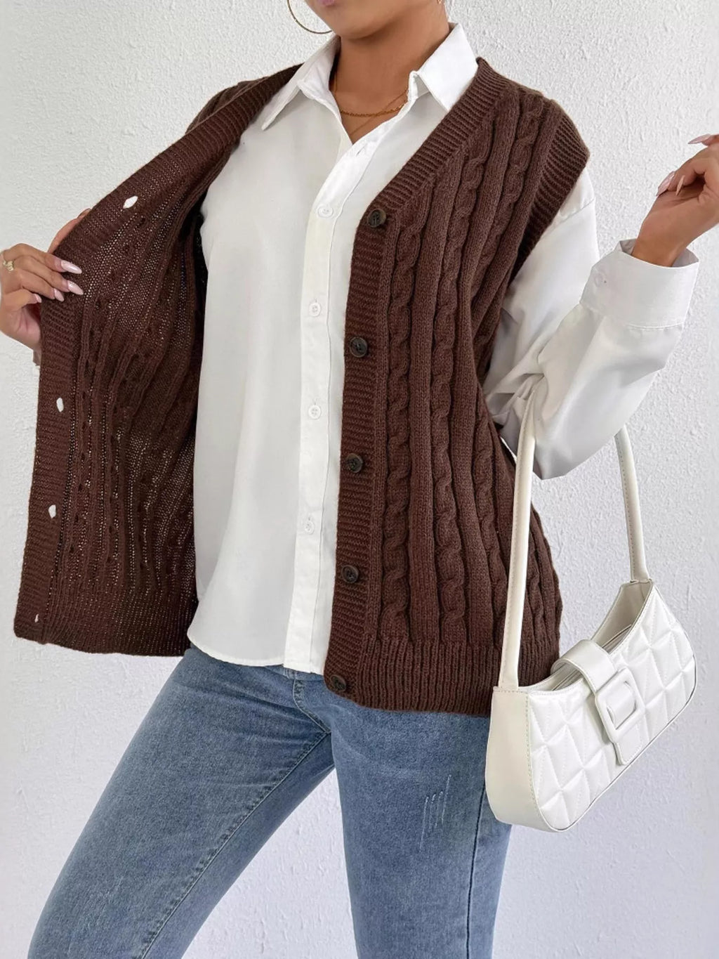Cable-Knit Button-Up Sweater Vest