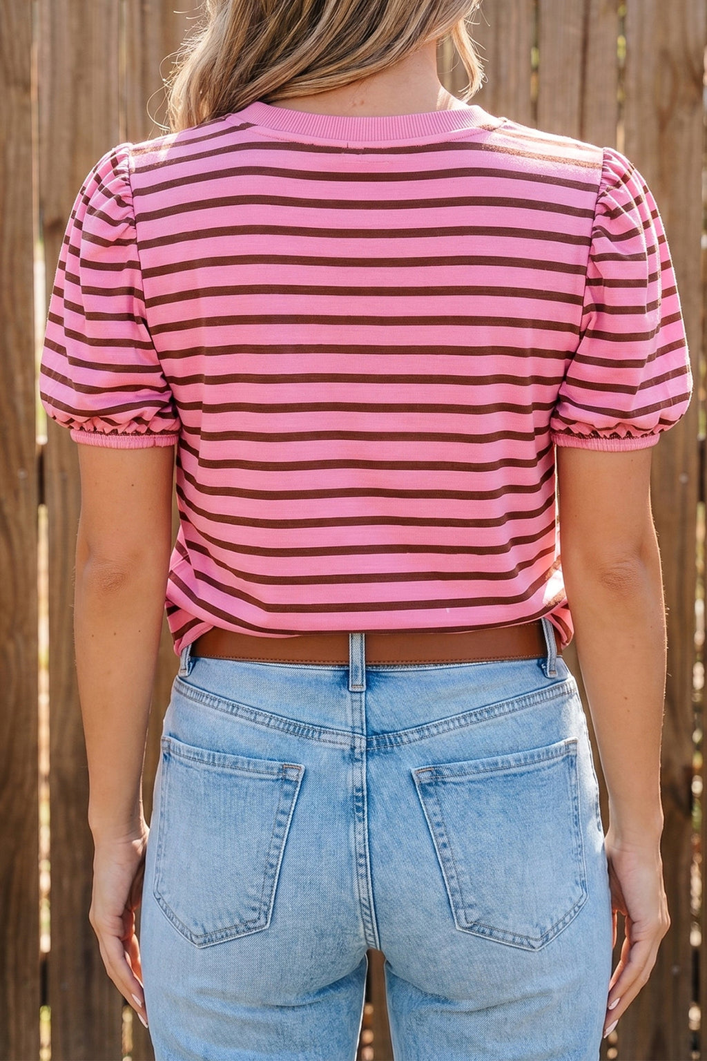 Stripe Ribbed Trim V-Neck Puff Sleeve Top