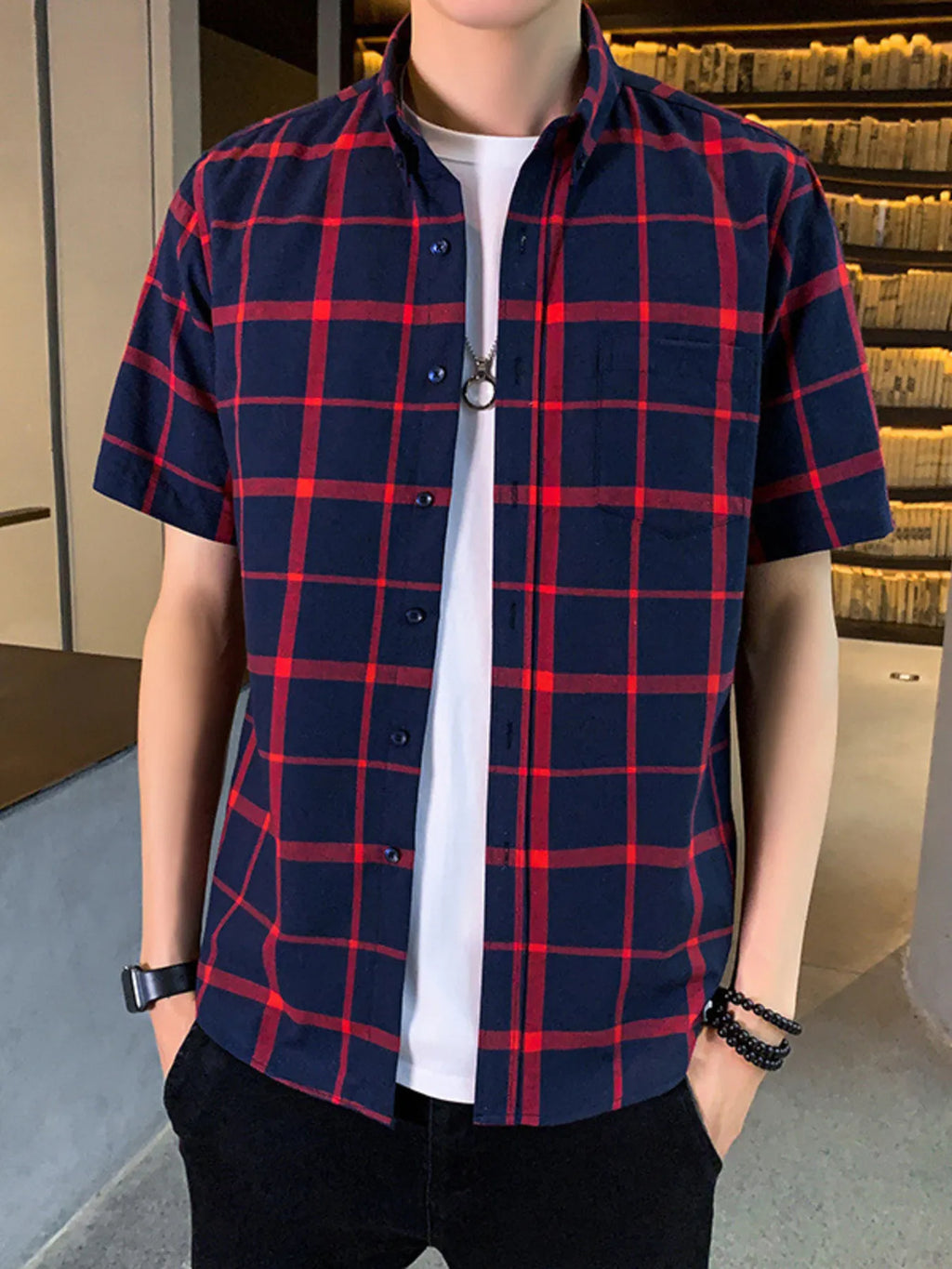 Men's Plus Size Casual Plaid Short Sleeve Shirt