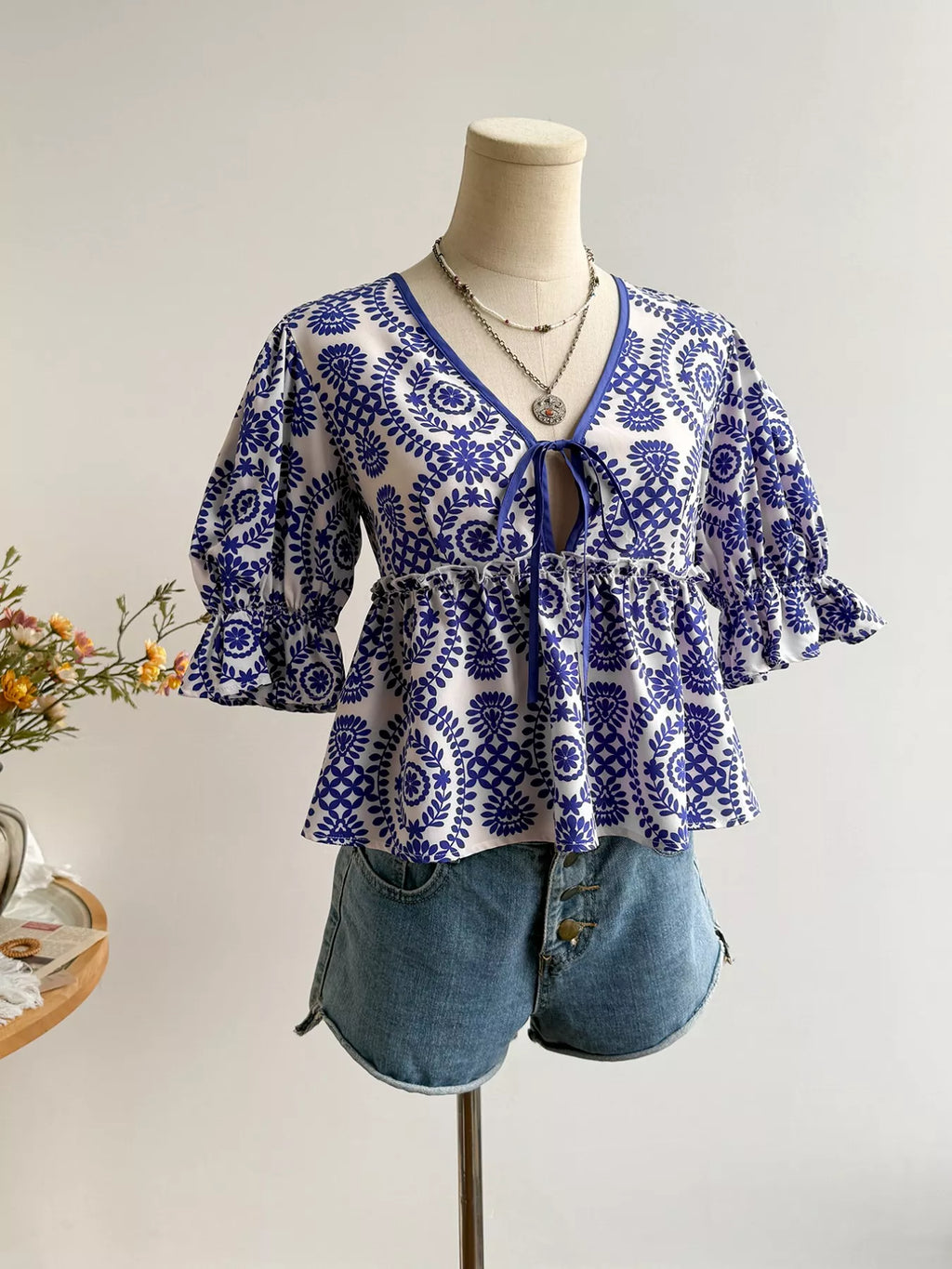 Floral Print Tie-Front Blouse