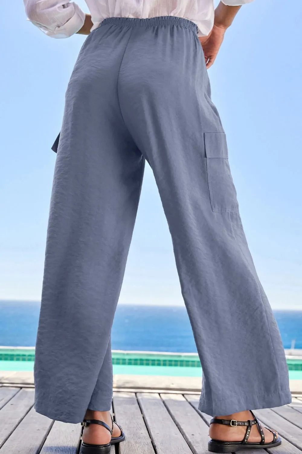 Drawstring Frilled Waist Wide Leg Utility Trousers